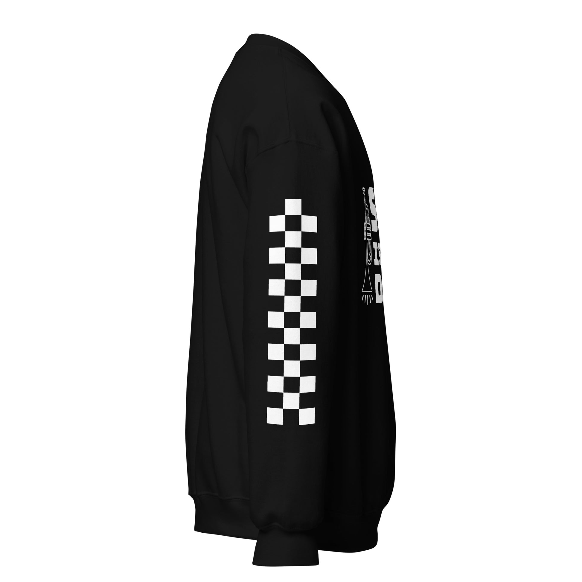 A black crewneck sweatshirt facing to the right. The sleeve features a panel of black and white checkered pattern.