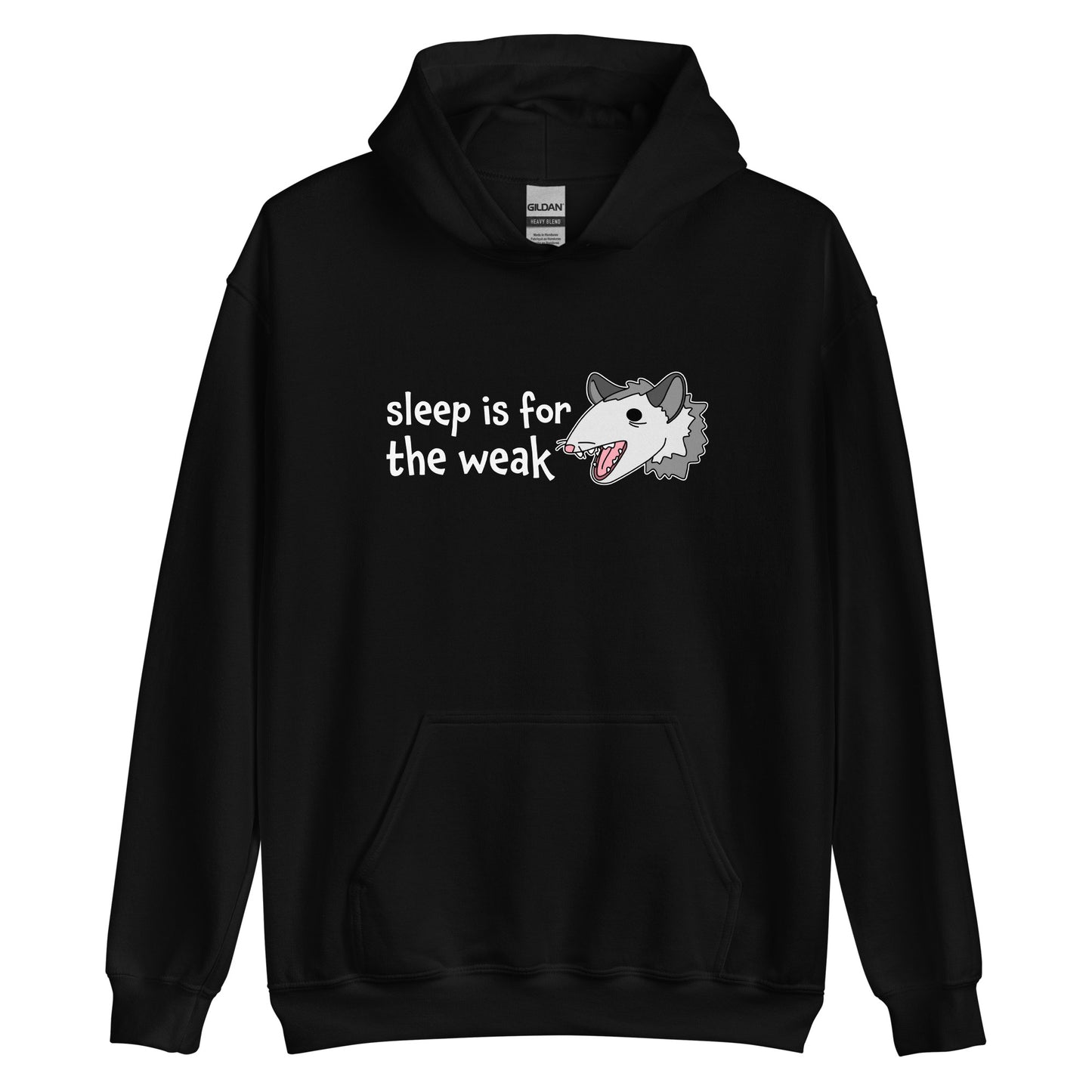A black hooded sweatshirt featuring an illustration of an opossum with its mouth open, as if it was yelling. Text to the left of the opossum reads "sleep is for the weak"