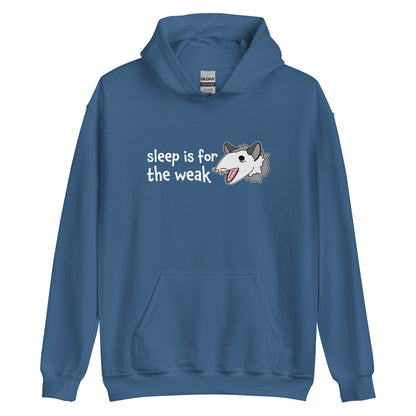 A blue hooded sweatshirt featuring an illustration of an opossum with its mouth open, as if it was yelling. Text to the left of the opossum reads "sleep is for the weak"