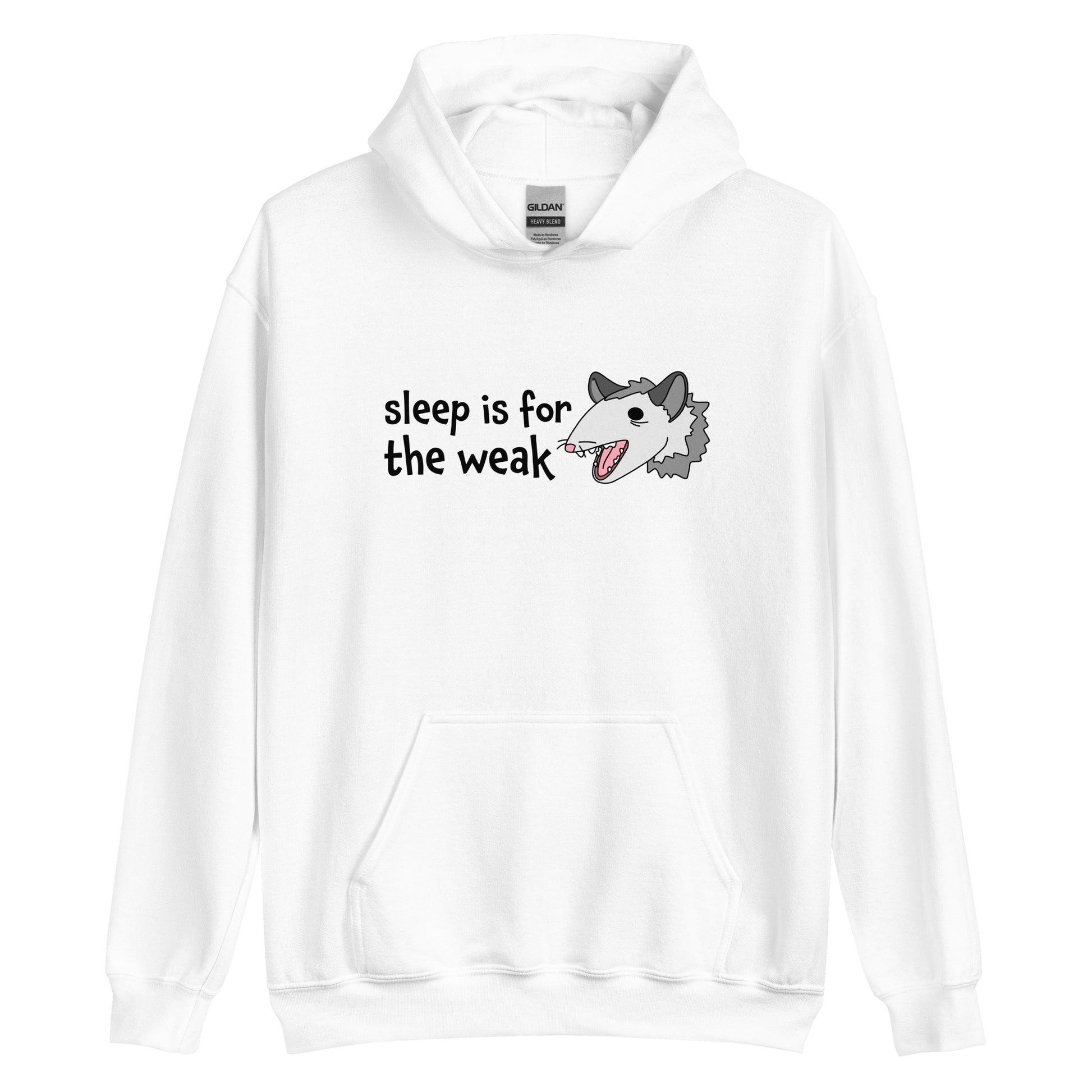 A white hooded sweatshirt featuring an illustration of an opossum with its mouth open, as if it was yelling. Text to the left of the opossum reads "sleep is for the weak"