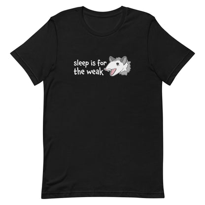 A black crewneck t-shirt featuring an illustration of an opossum with its mouth open, as if it was yelling. Text alongside the opossum reads "sleep is for the weak"