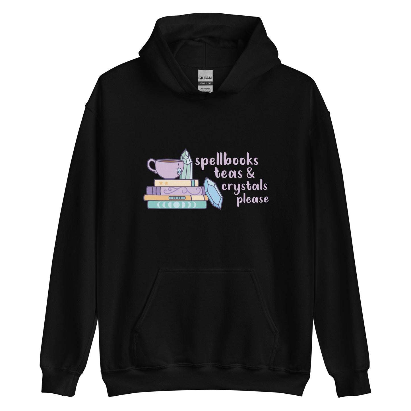 A black hooded sweatshirt featuring an illustration of a stack of spellbooks with a teacup and a crystal resting on top. Another crystal rests on the side of the stack, and text next to the illustration reads "Spellbooks, teas & crystals please"