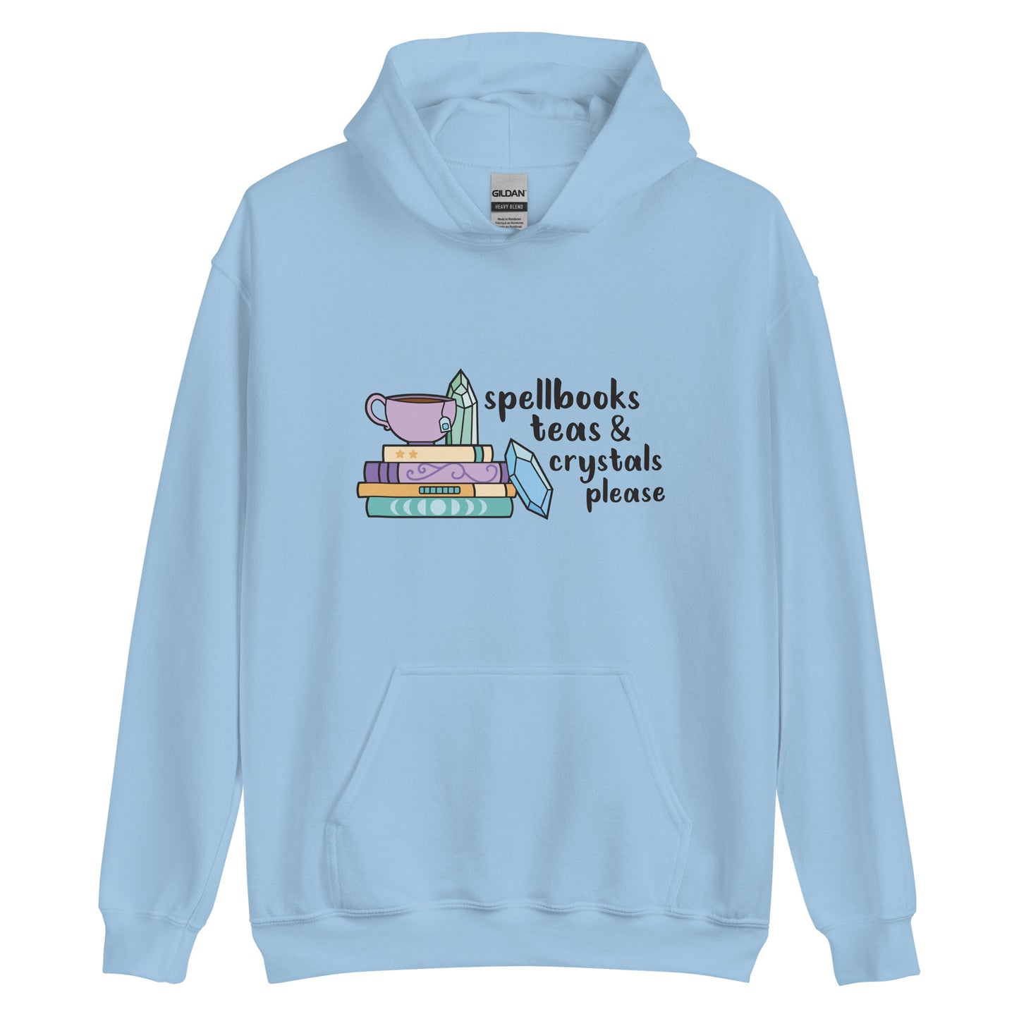 A light blue hooded sweatshirt featuring an illustration of a stack of spellbooks with a teacup and a crystal resting on top. Another crystal rests on the side of the stack, and text next to the illustration reads "Spellbooks, teas & crystals please"