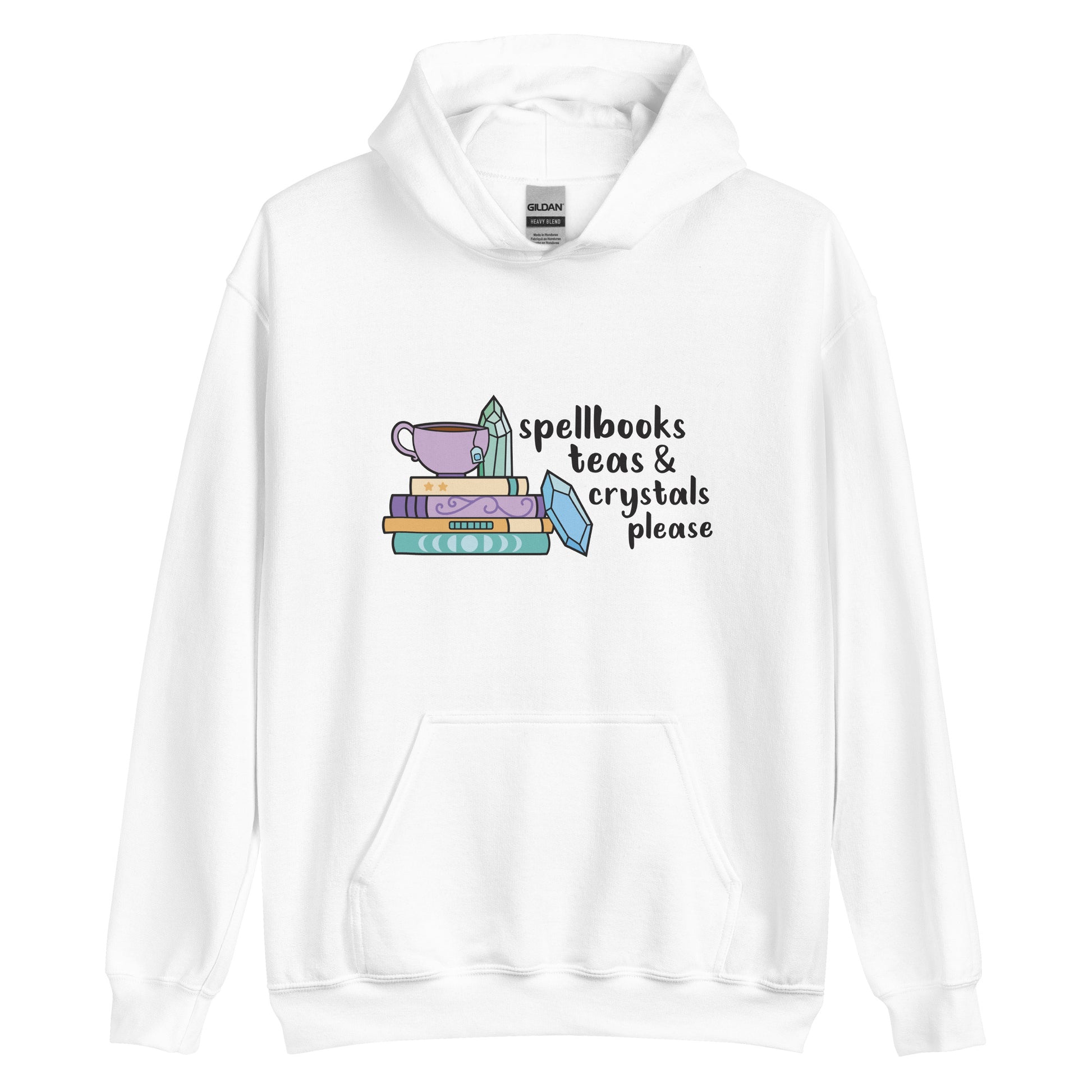 A white hooded sweatshirt featuring an illustration of a stack of spellbooks with a teacup and a crystal resting on top. Another crystal rests on the side of the stack, and text next to the illustration reads "Spellbooks, teas & crystals please"