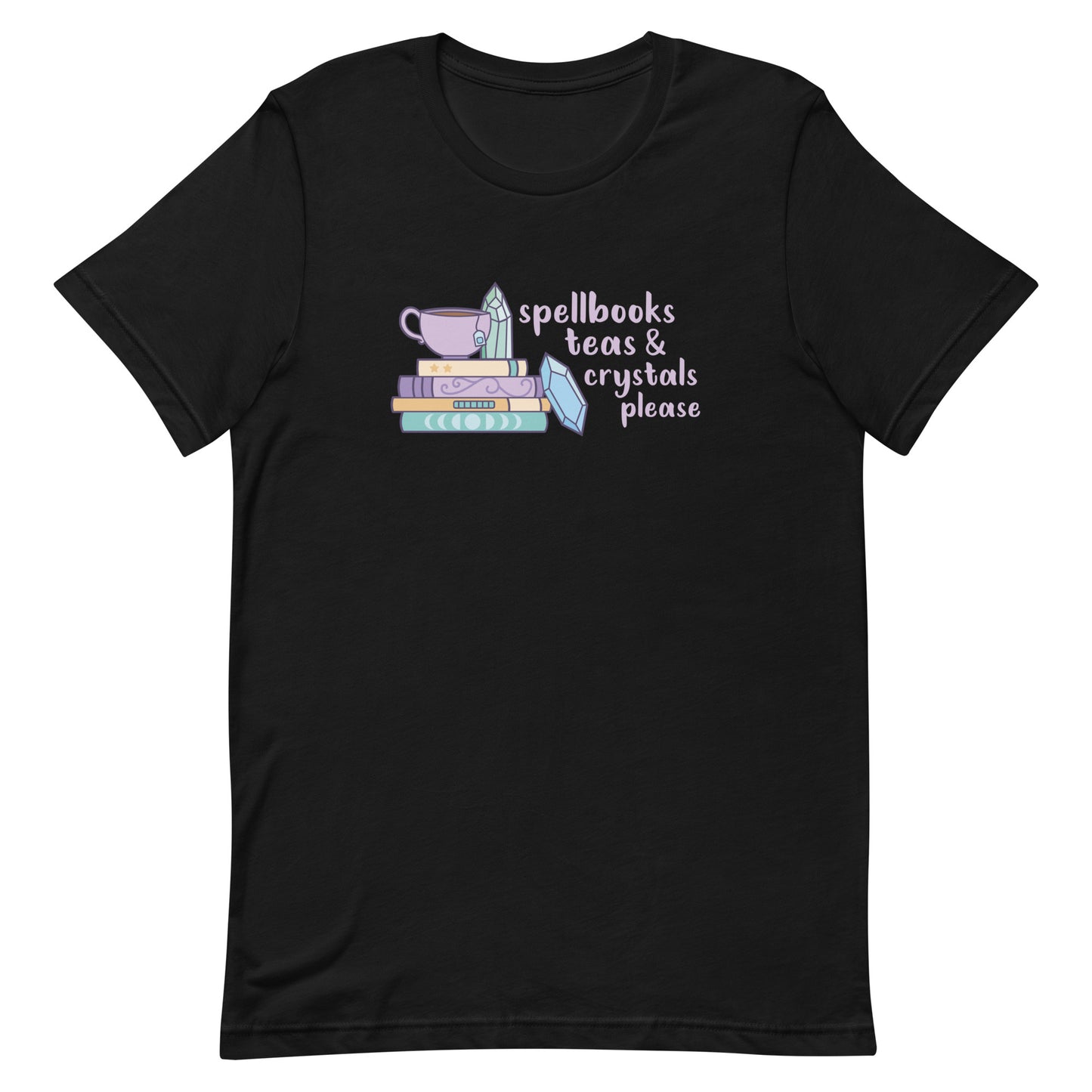 A black t-shirt featuring an illustration of a stack of spellbooks with a teacup resting on top. A few crystals are scattered around the books. Text alongside the illustration reads "Spellbooks, teas & crystals please"