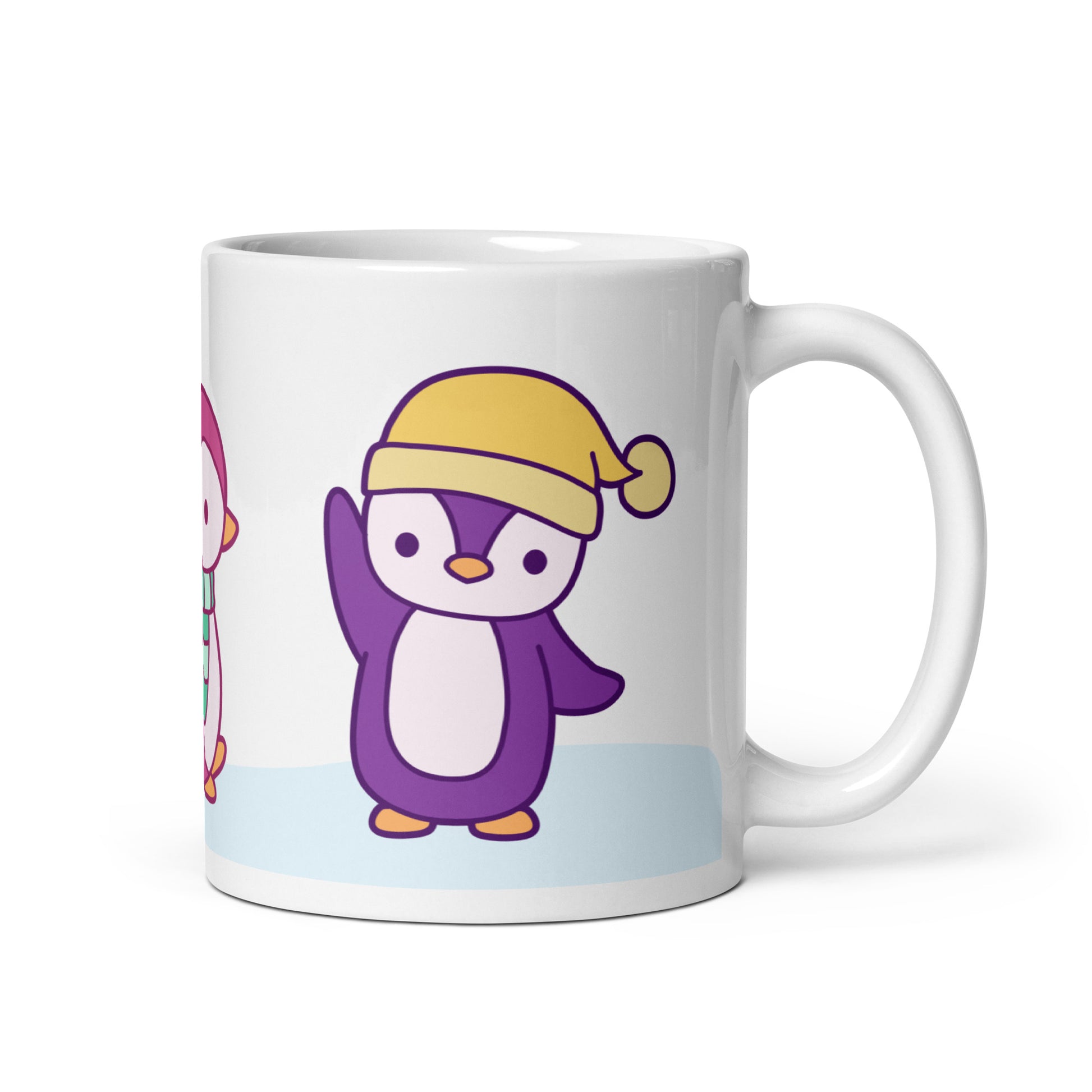 A white 11 ounce ceramic mug featuring an illustration of peguins in the snow. The primary visible penguin is purple, with a yellow hat.