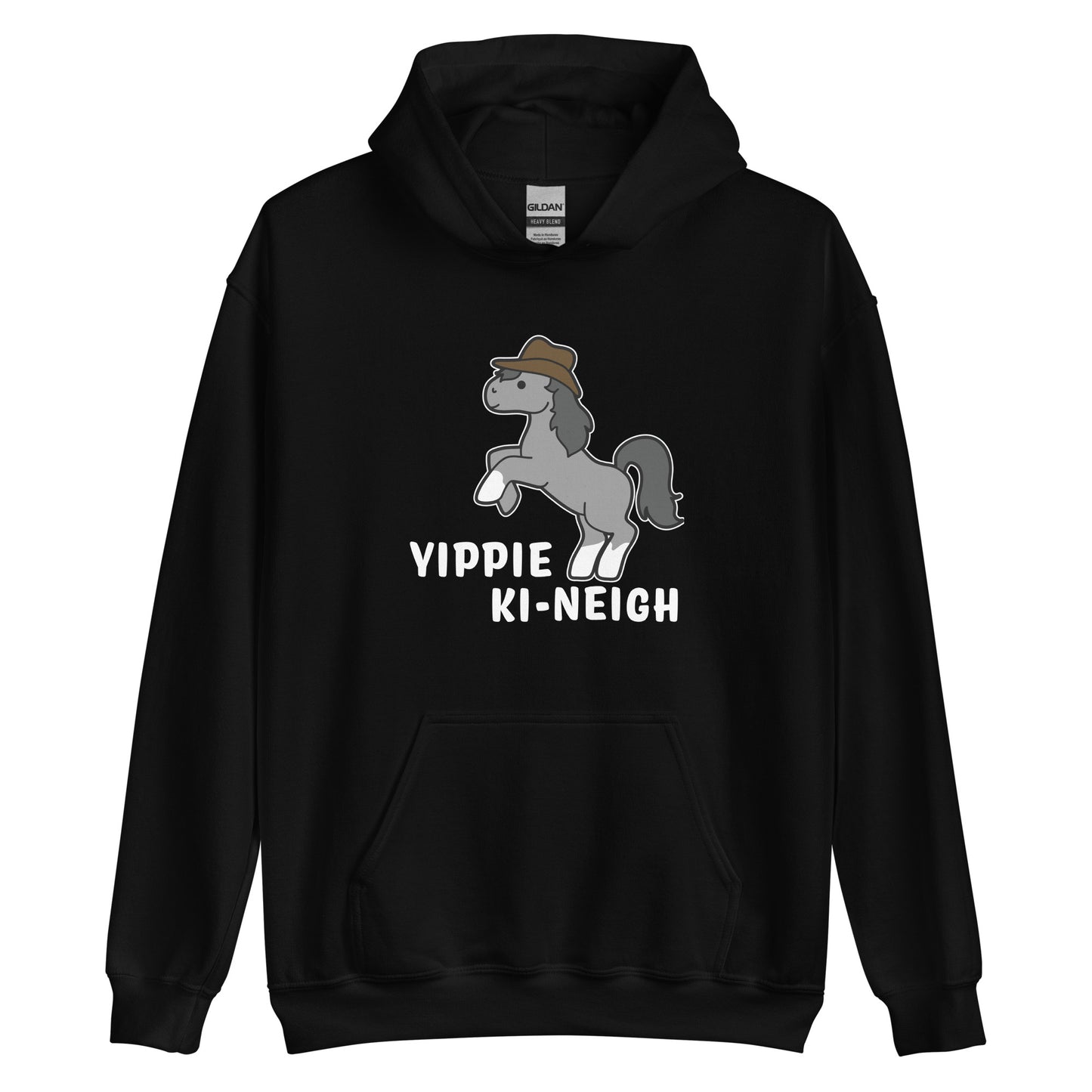A black hooded sweatshirt featuring an illustration of a smiling grey pony rearing and wearing a cowboy hat. Text underneath the pony reads "Yippie Ki-Neigh"