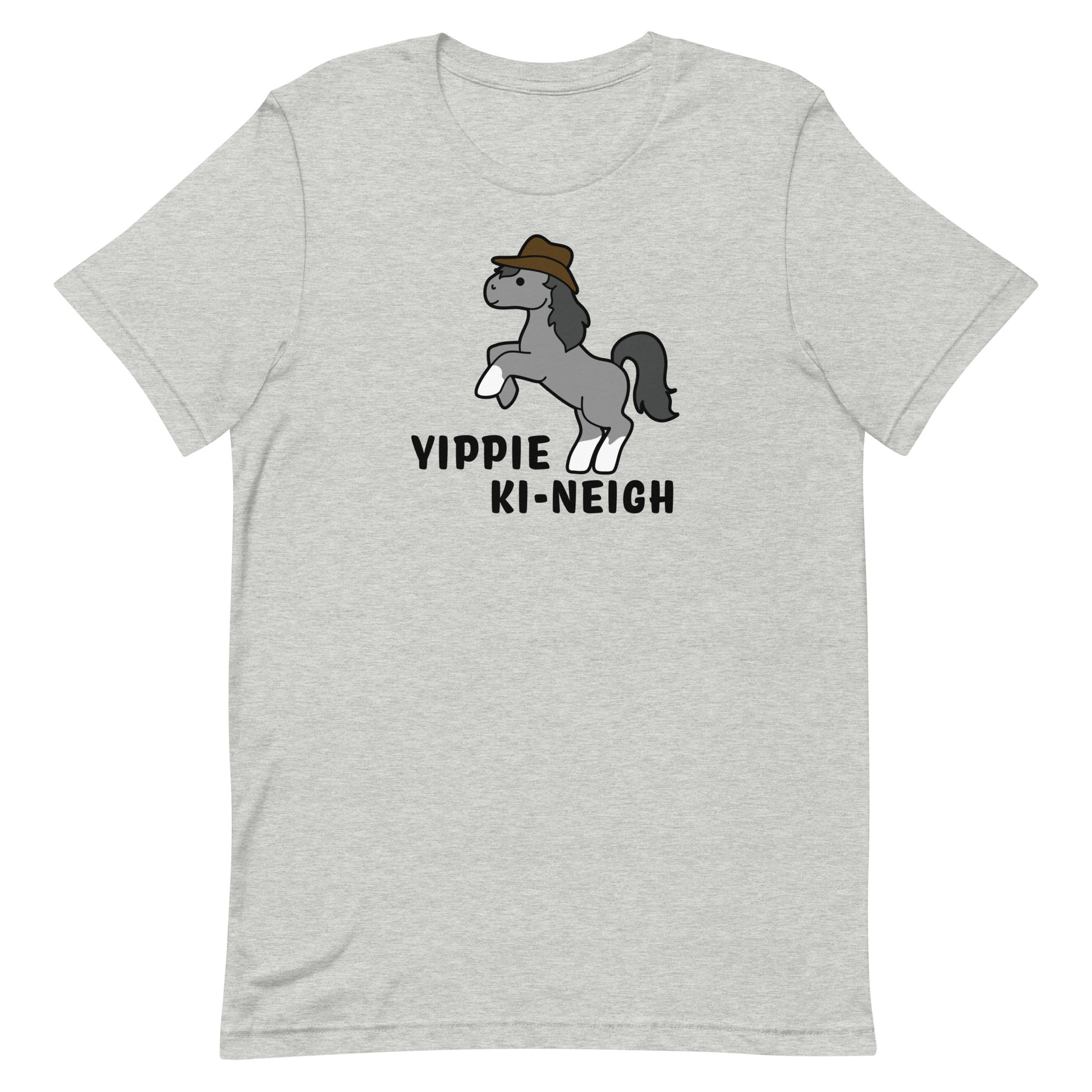 A grey crewneck t-shirt featuring an illustration of a smiling grey pony rearing and wearing a cowboy hat. Text underneath the pony reads "Yippie Ki-Neigh"