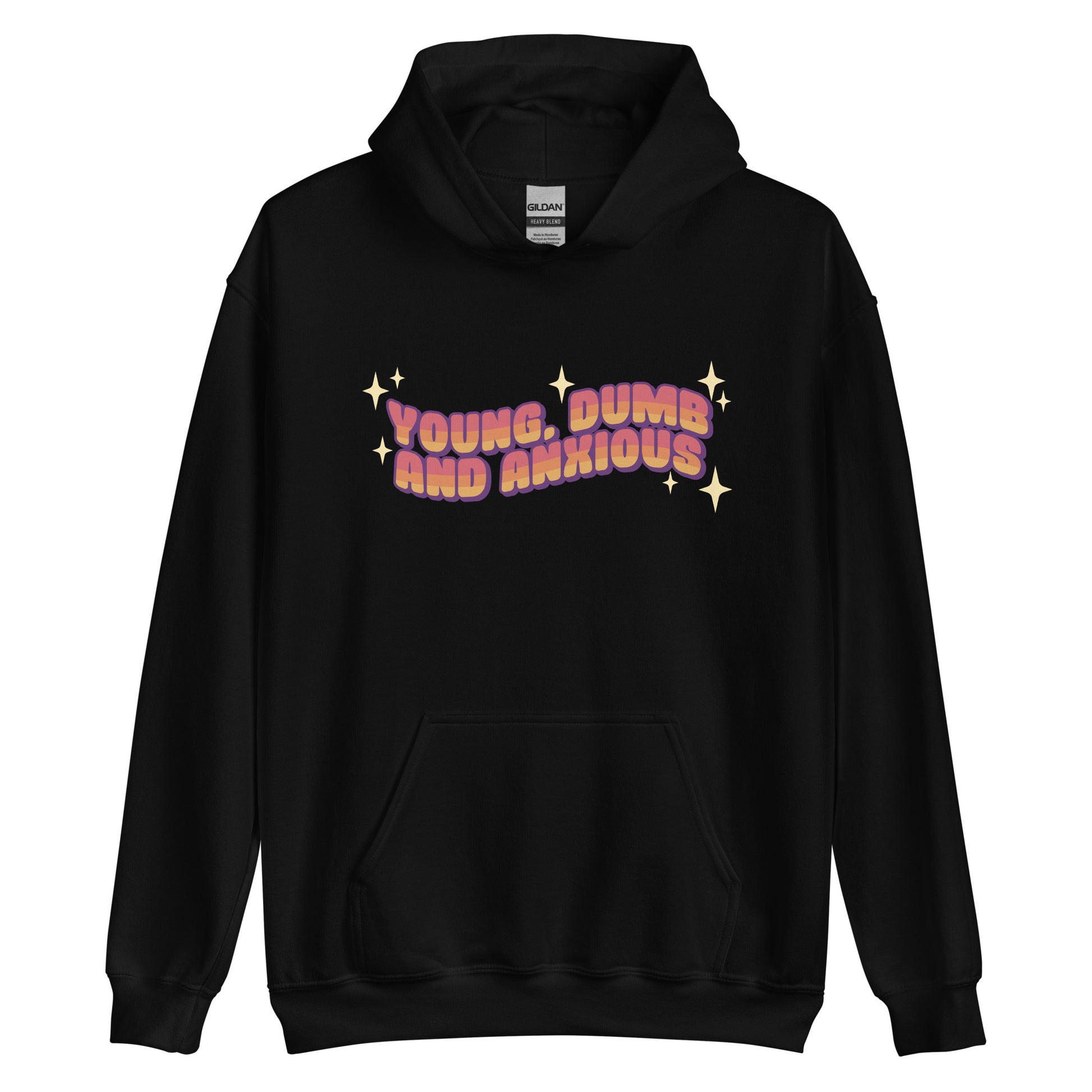 A black hooded sweatshirt featuring text in a pink-to-yellow gradient, surrounded by sparkles. The text reads "Young, dumb and anxious" in a blocky font.