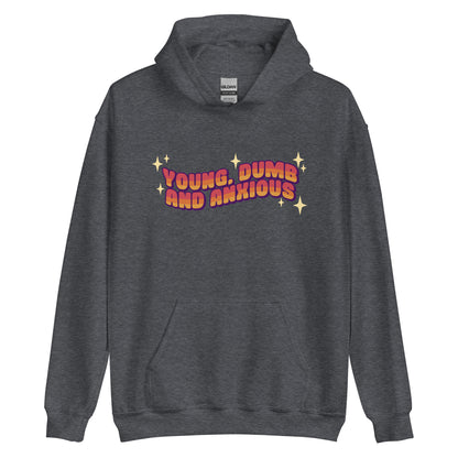 A dark grey hooded sweatshirt featuring text in a pink-to-yellow gradient, surrounded by sparkles. The text reads "Young, dumb and anxious" in a blocky font.